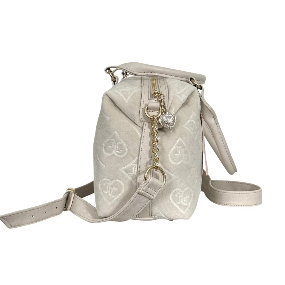 Juicy Couture Glizted Out Ivory Crystal Velour Velvet Satchel Shoulder Bag‎